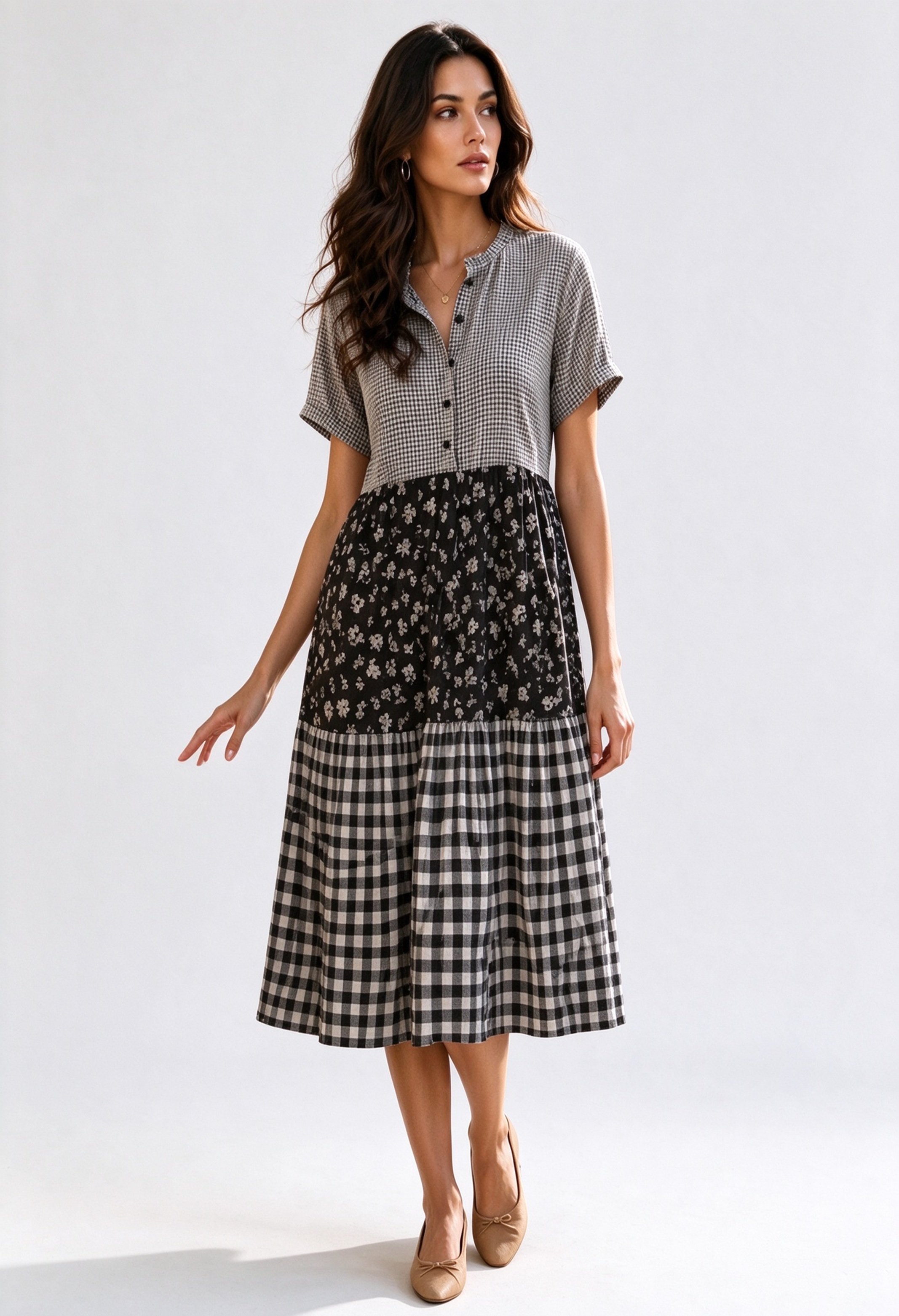 Multi Printed Collared Tiered Midi Dress