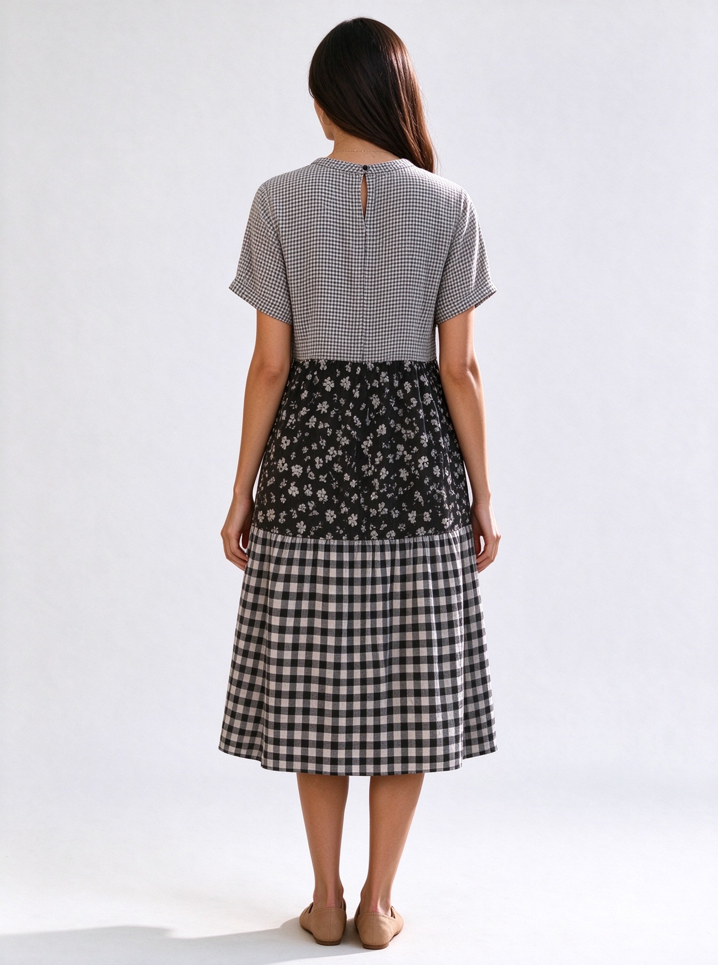 Multi Printed Collared Tiered Midi Dress