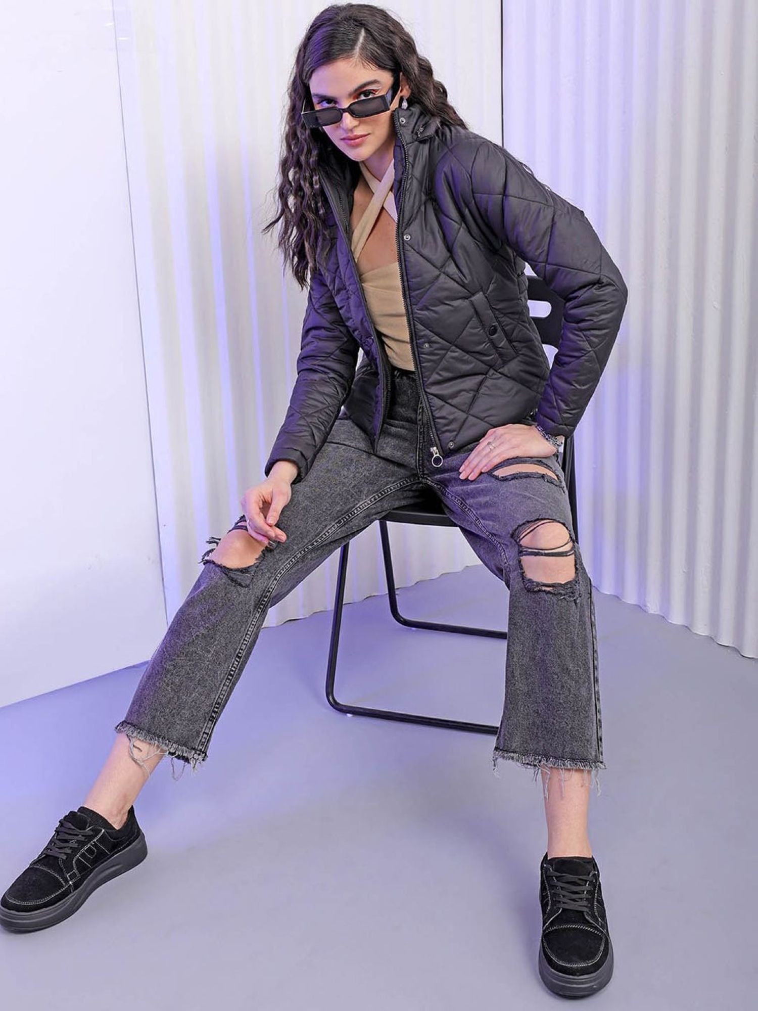 Black Quilted Slim Fit Padded Jacket with Long Sleeves