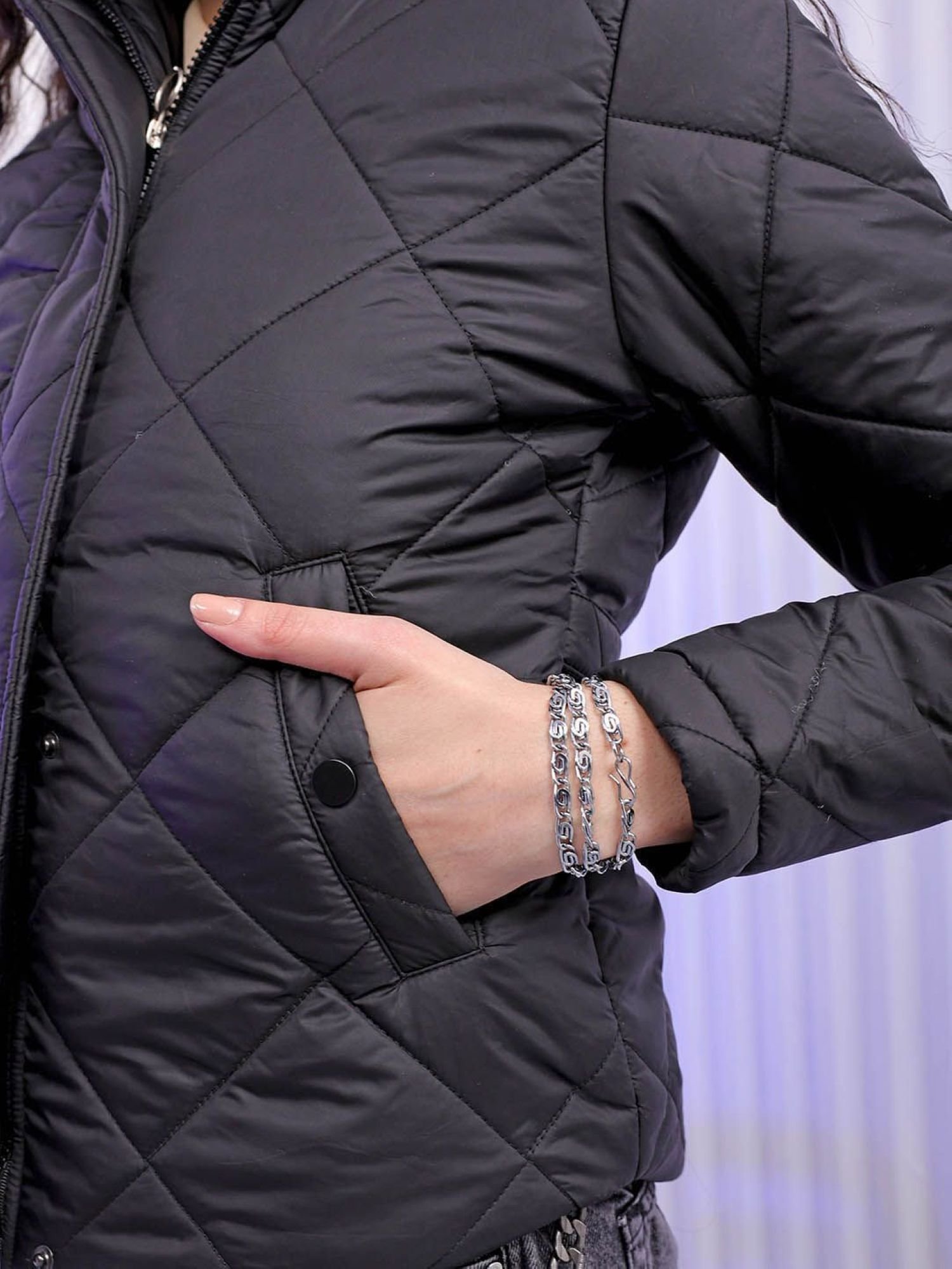 Black Quilted Slim Fit Padded Jacket with Long Sleeves