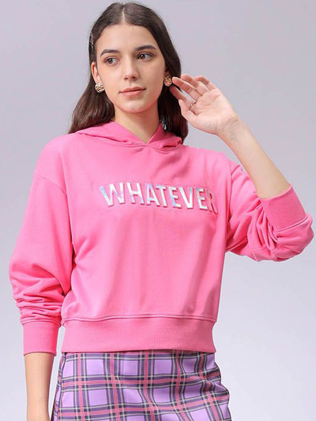 Pink Slogan Hoodie with Long Sleeves
