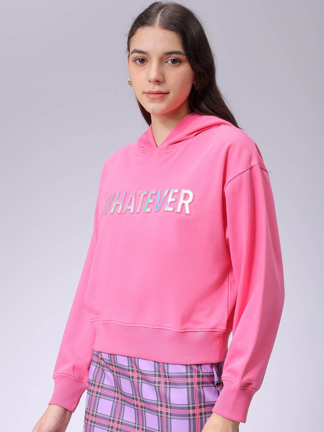 Pink Slogan Hoodie with Long Sleeves