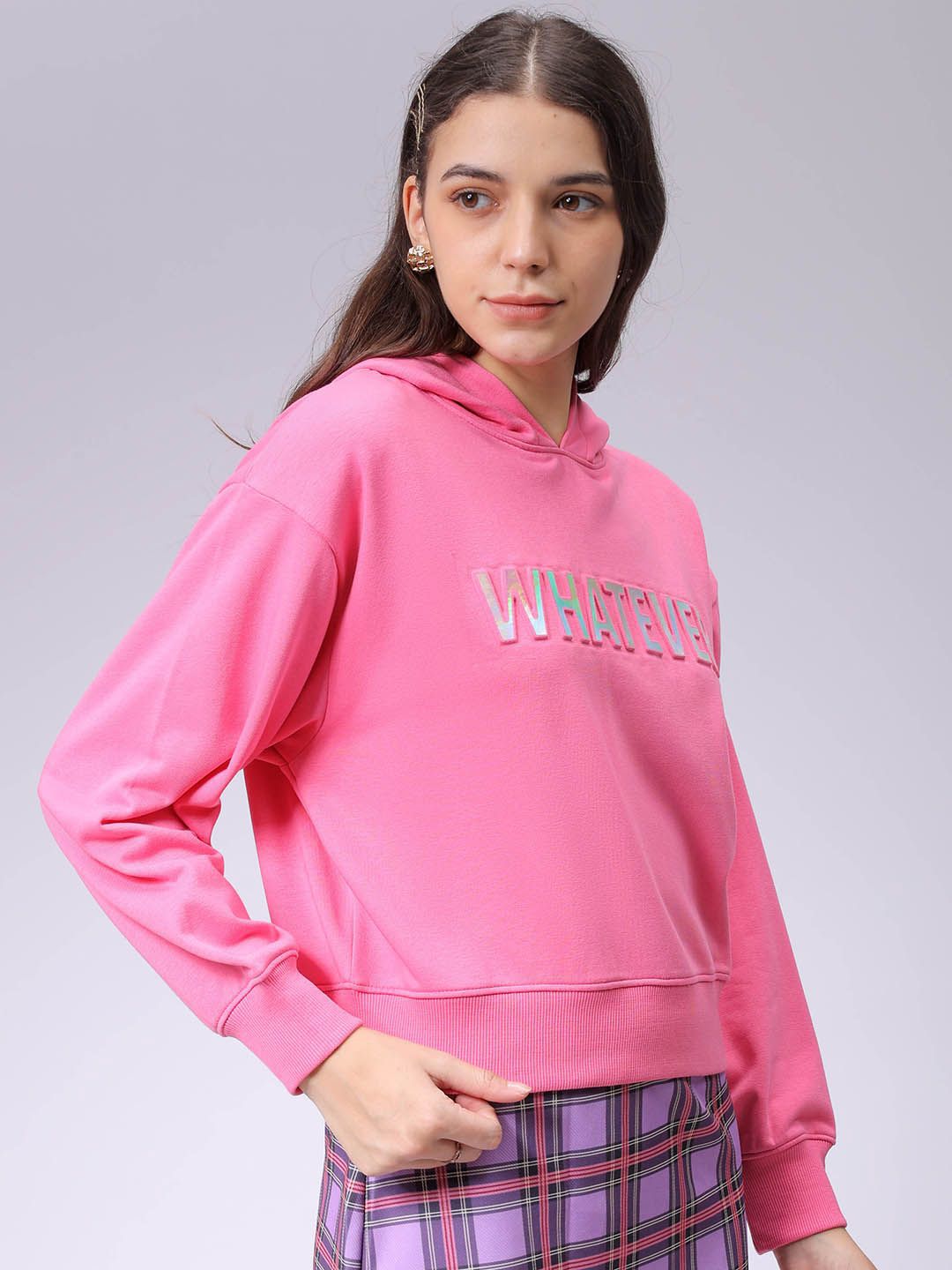 Pink Slogan Hoodie with Long Sleeves