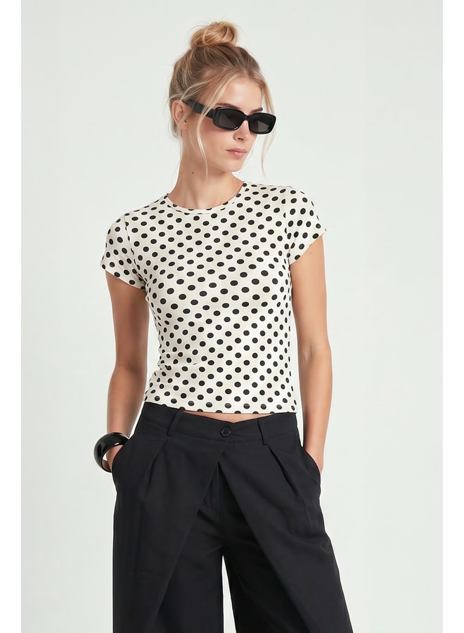 White Polka Dot Round Neck Fitted T-Shirt