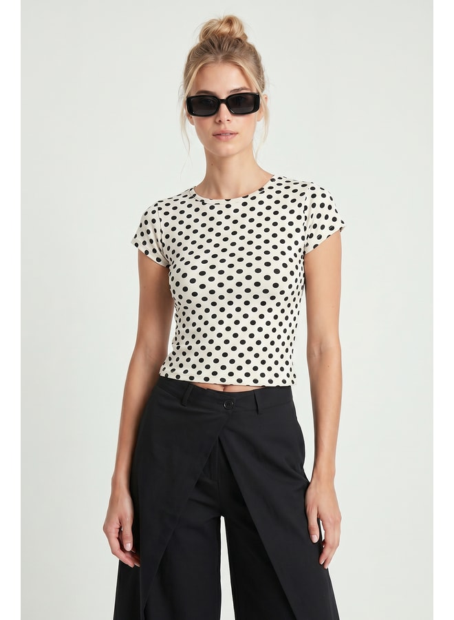 White Polka Dot Round Neck Fitted T-Shirt