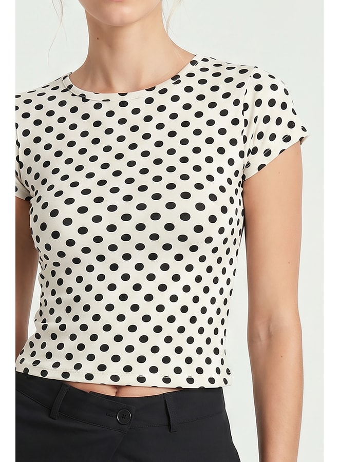 White Polka Dot Round Neck Fitted T-Shirt