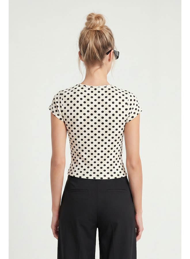 White Polka Dot Round Neck Fitted T-Shirt