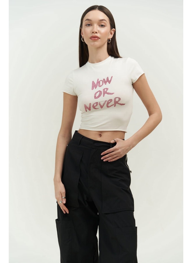 White Slogan Round Neck Fitted T-Shirt