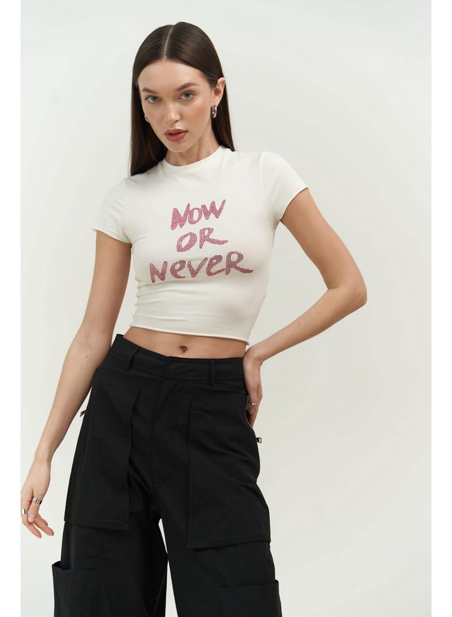 White Slogan Round Neck Fitted T-Shirt