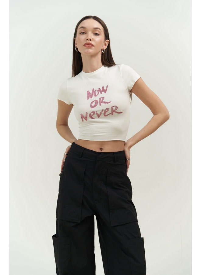 White Slogan Round Neck Fitted T-Shirt