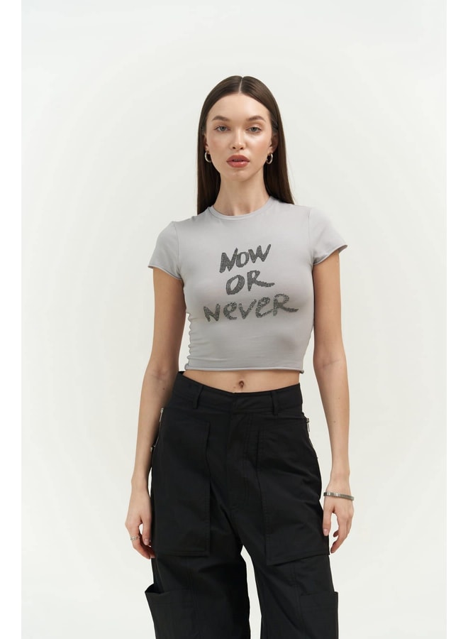 Grey Slogan Round Neck Fitted T-Shirt
