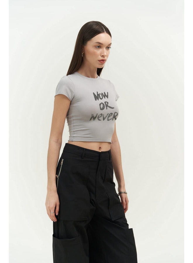 Grey Slogan Round Neck Fitted T-Shirt