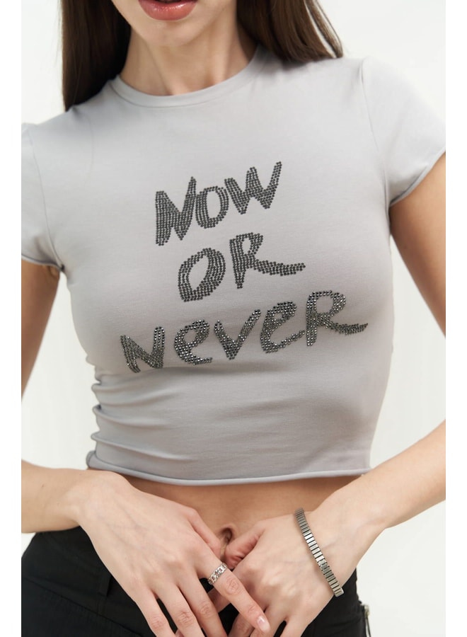 Grey Slogan Round Neck Fitted T-Shirt