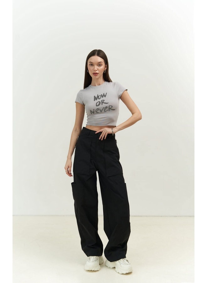Grey Slogan Round Neck Fitted T-Shirt