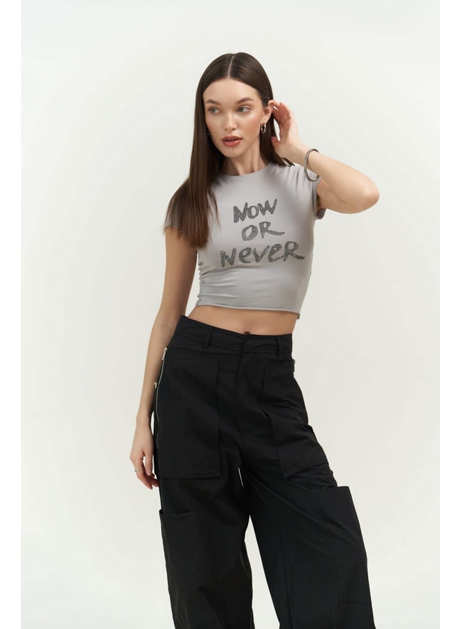 Grey Slogan Round Neck Fitted T-Shirt