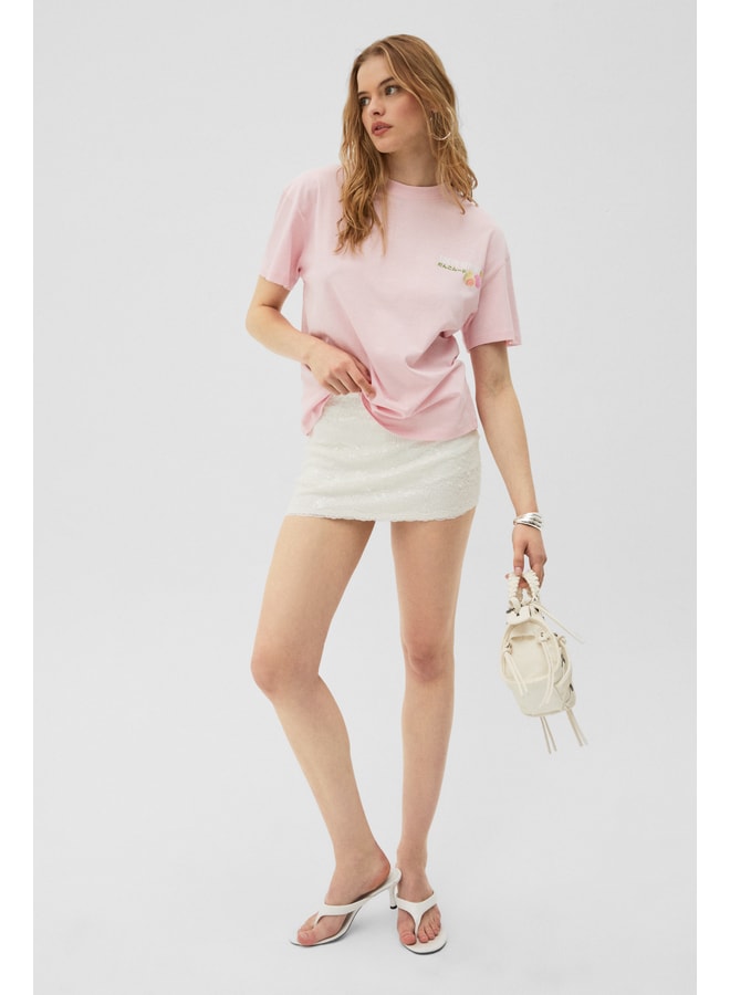 Pink Printed Round Neck Regular T-Shirt