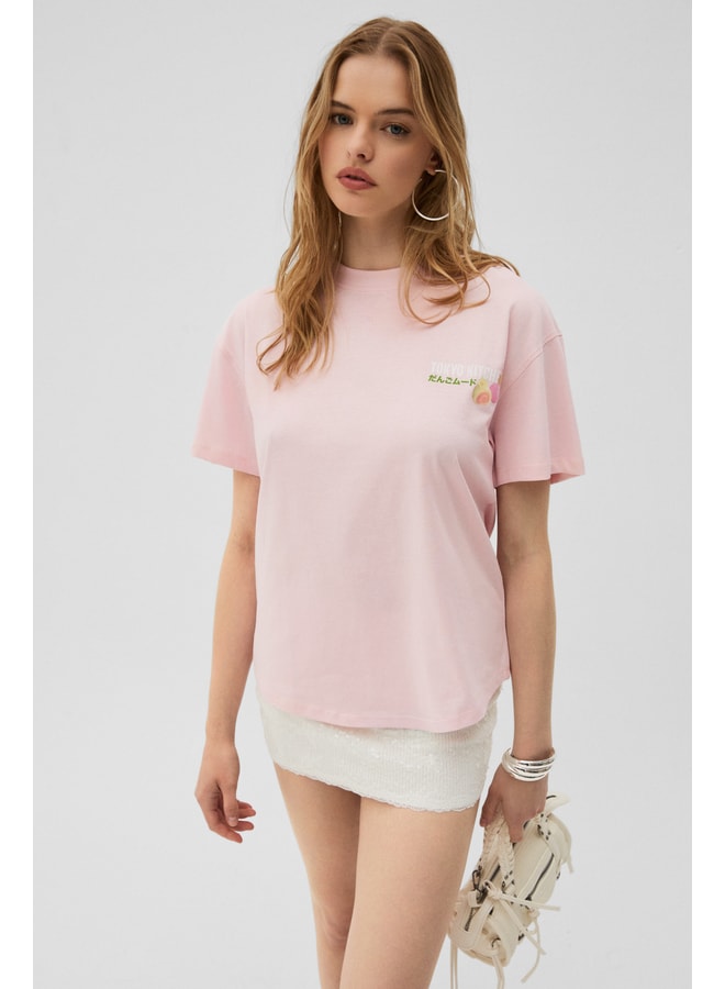 Pink Printed Round Neck Regular T-Shirt
