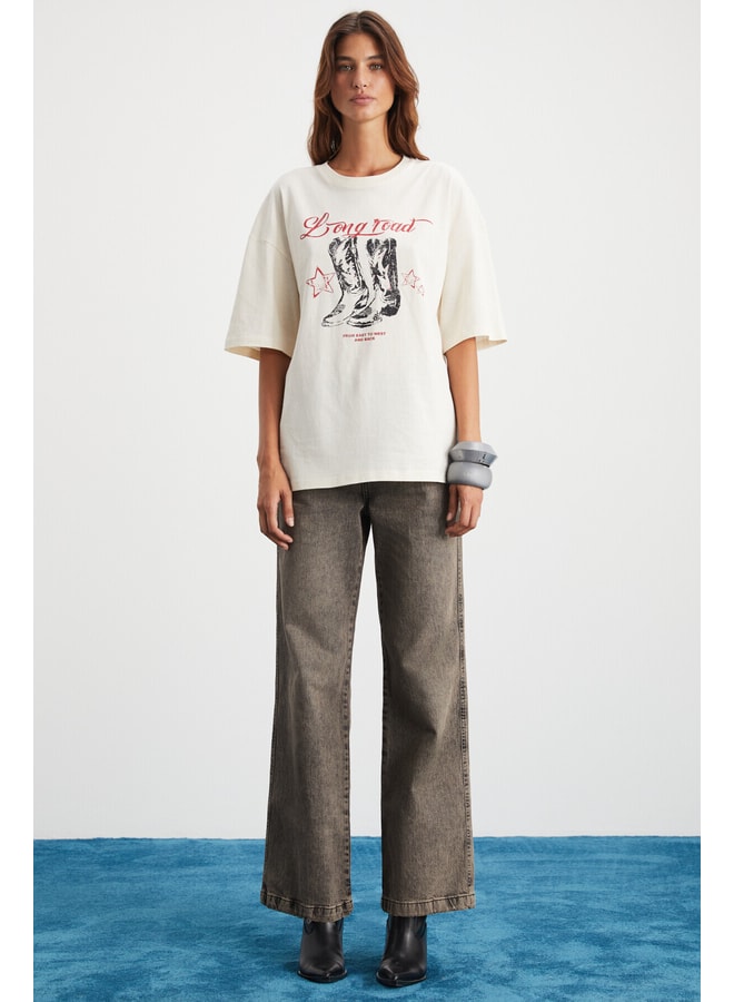 Cream Graphic Round Neck Oversized T-Shirt