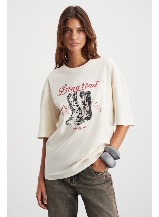Cream Graphic Round Neck Oversized T-Shirt