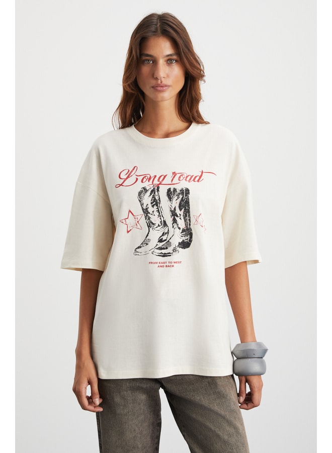 Cream Graphic Round Neck Oversized T-Shirt