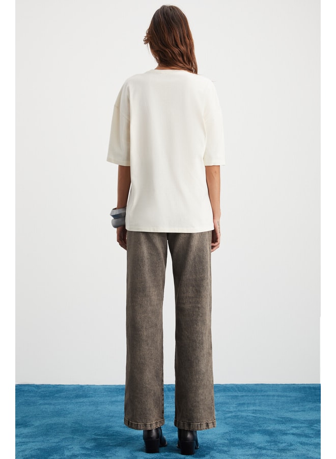 Cream Graphic Round Neck Oversized T-Shirt