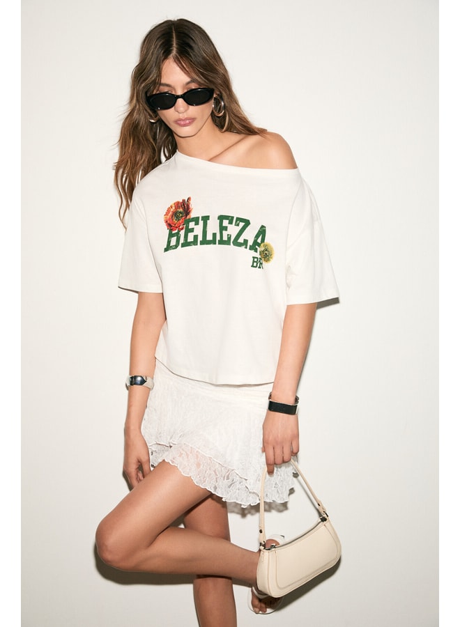 Off White Printed Boat Neck Oversized T-Shirt