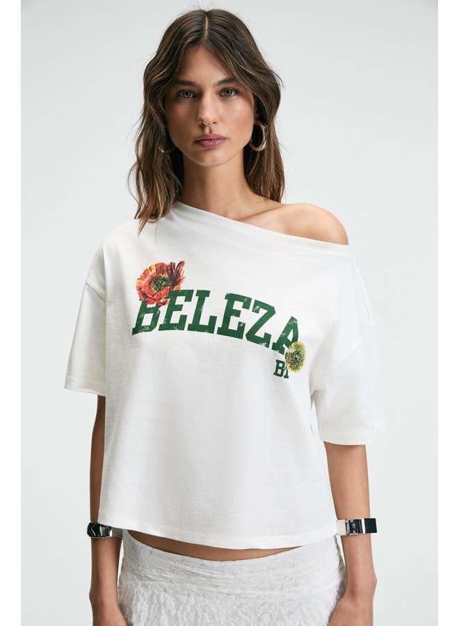 Off White Printed Boat Neck Oversized T-Shirt