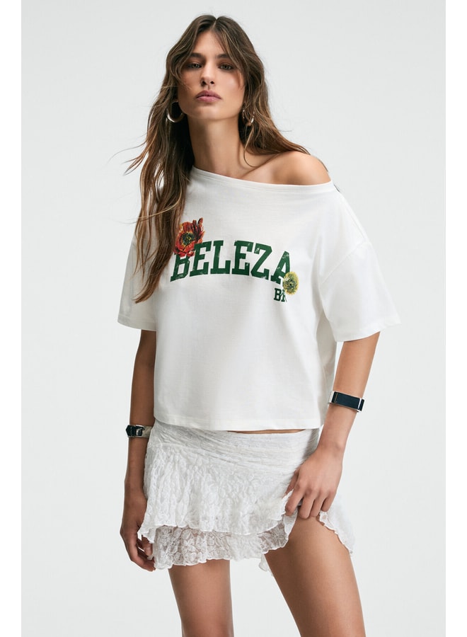 Off White Printed Boat Neck Oversized T-Shirt