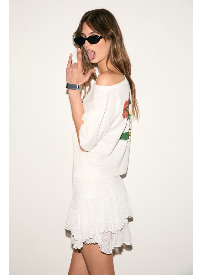 Off White Printed Boat Neck Oversized T-Shirt