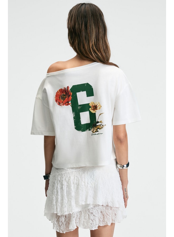 Off White Printed Boat Neck Oversized T-Shirt