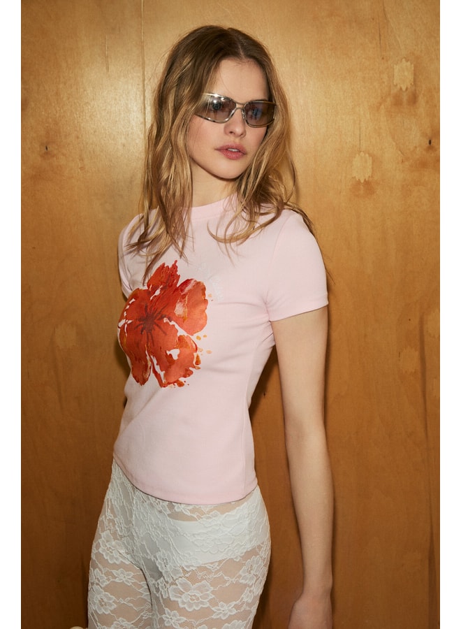 Pink Floral Round Neck Regular T-Shirt