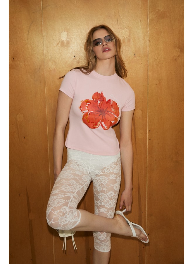 Pink Floral Round Neck Regular T-Shirt