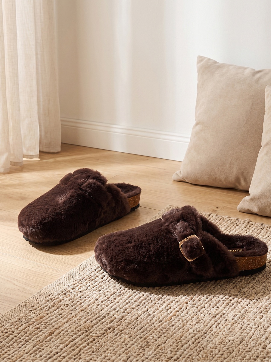 Buckle Accent Plush Bedroom Mules
