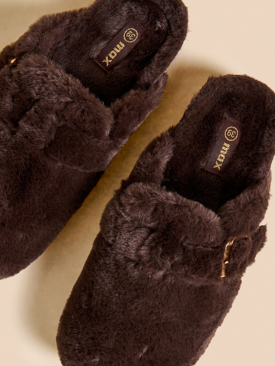 Buckle Accent Plush Bedroom Mules