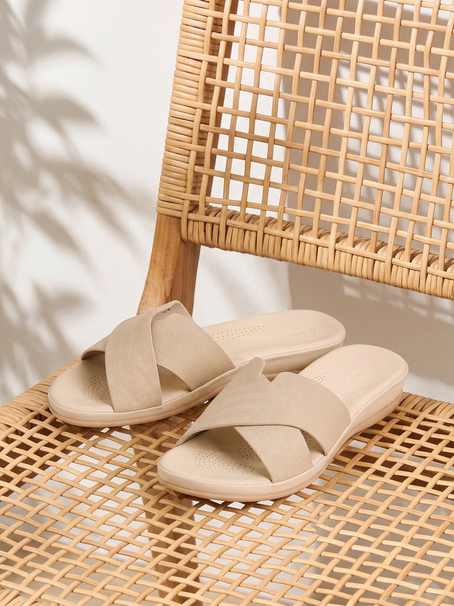 Textured Cross Strap Slip-On Comfort Sandals