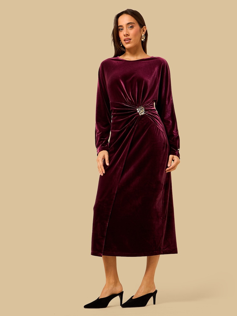 Midi A-line Dress with Metal Trim Accent