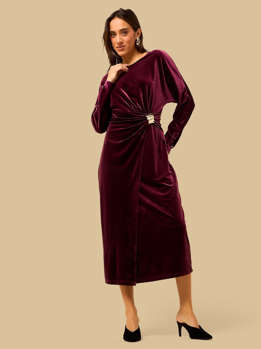 Midi A-line Dress with Metal Trim Accent
