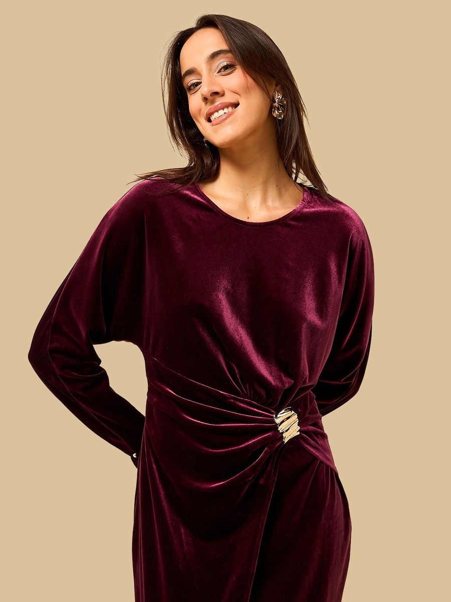 Midi A-line Dress with Metal Trim Accent