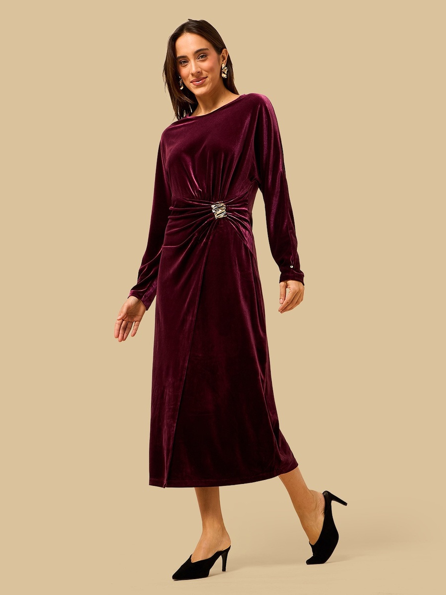 Midi A-line Dress with Metal Trim Accent