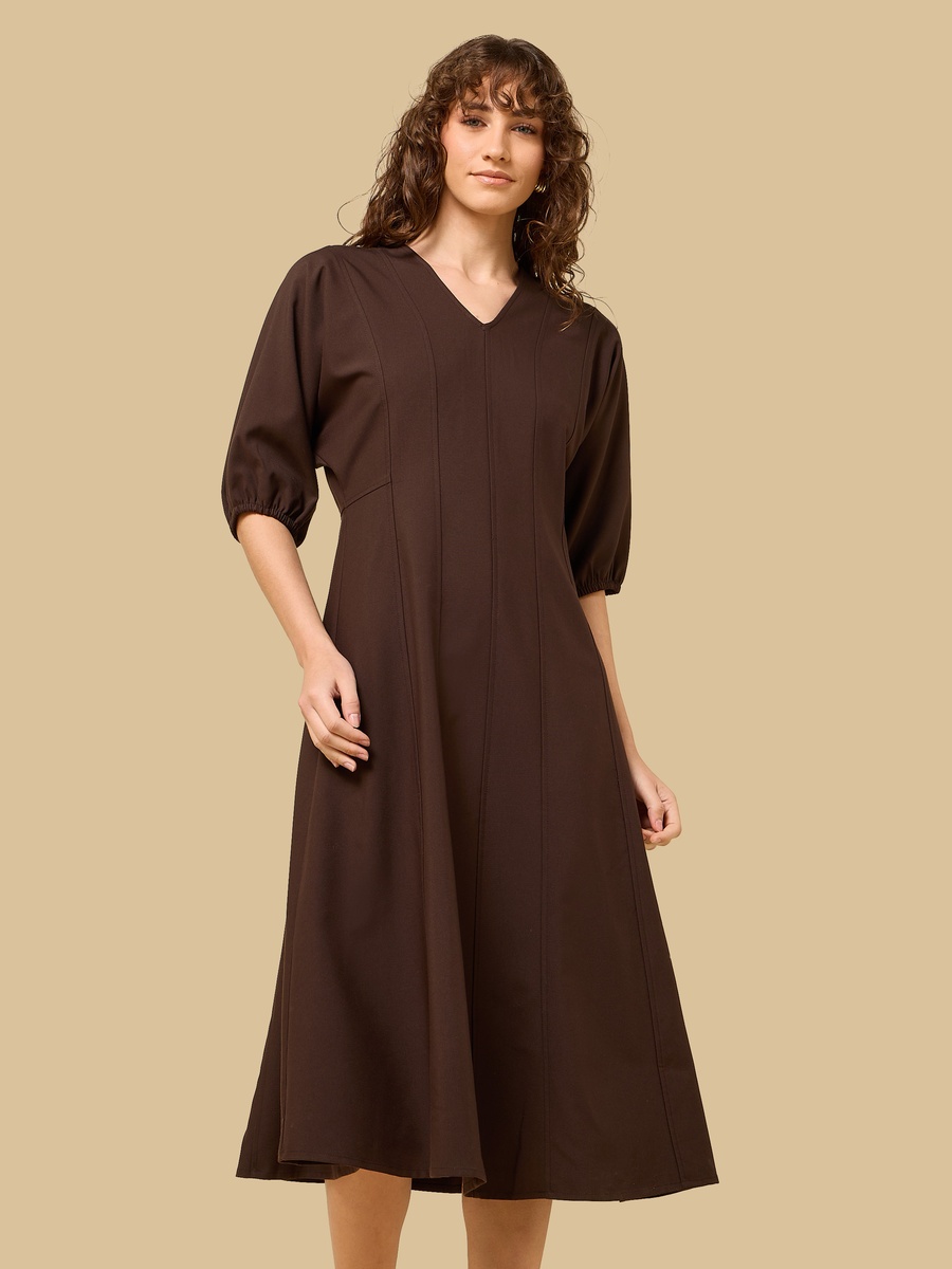 V-neck Midi Dress with Volume Sleeves