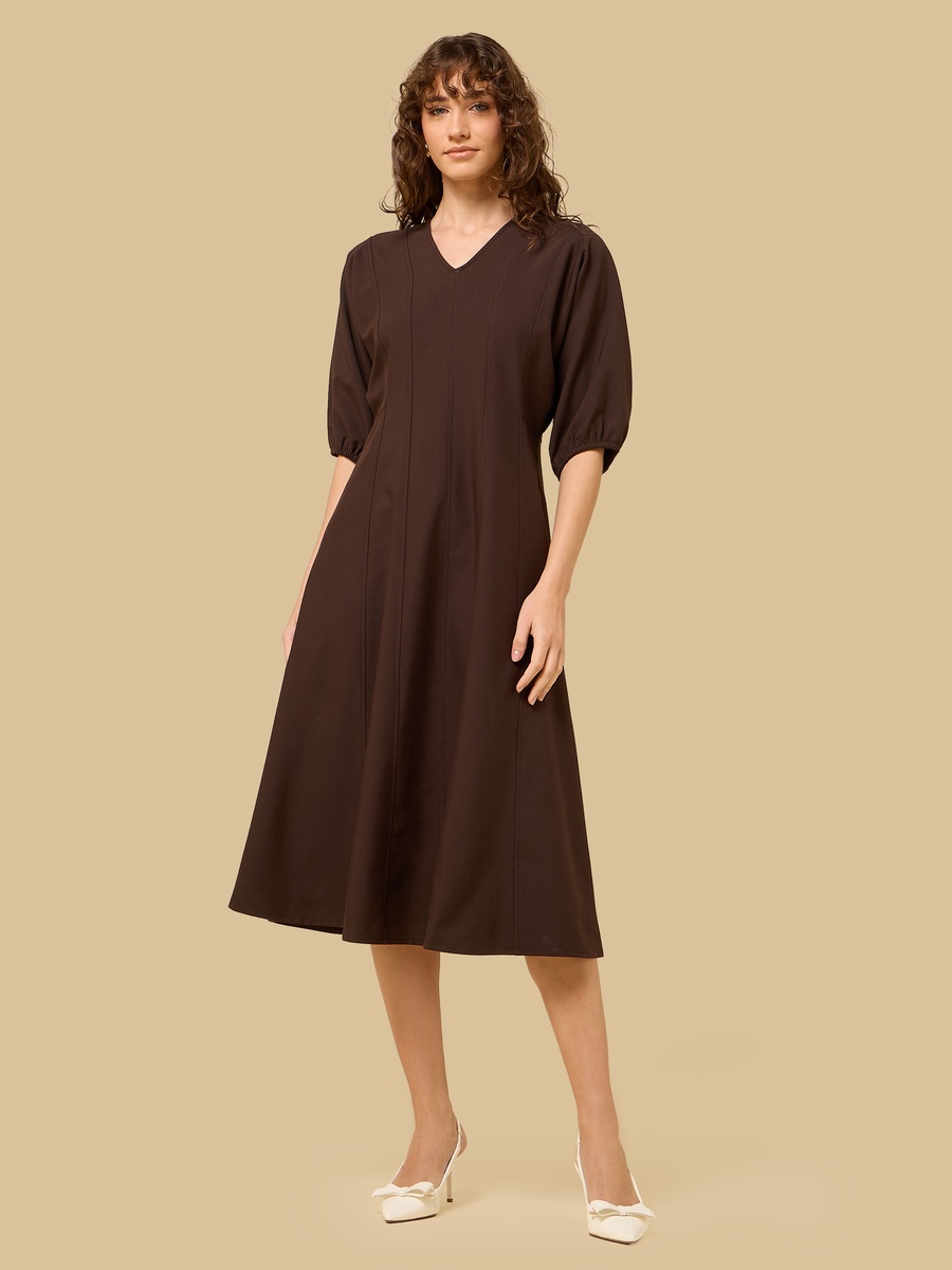 V-neck Midi Dress with Volume Sleeves