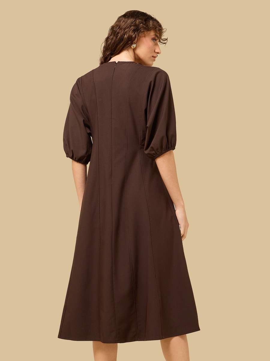 V-neck Midi Dress with Volume Sleeves