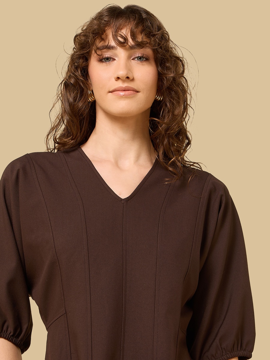 V-neck Midi Dress with Volume Sleeves