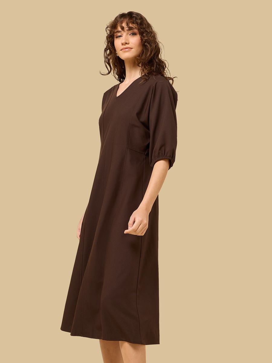 V-neck Midi Dress with Volume Sleeves