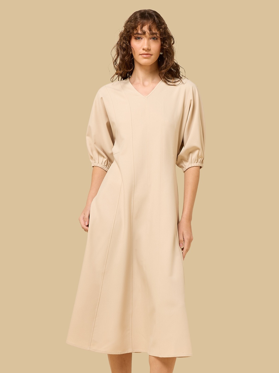 V-neck Midi Dress with Volume Sleeves