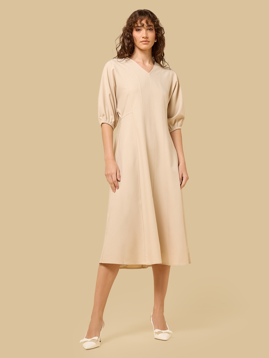 V-neck Midi Dress with Volume Sleeves