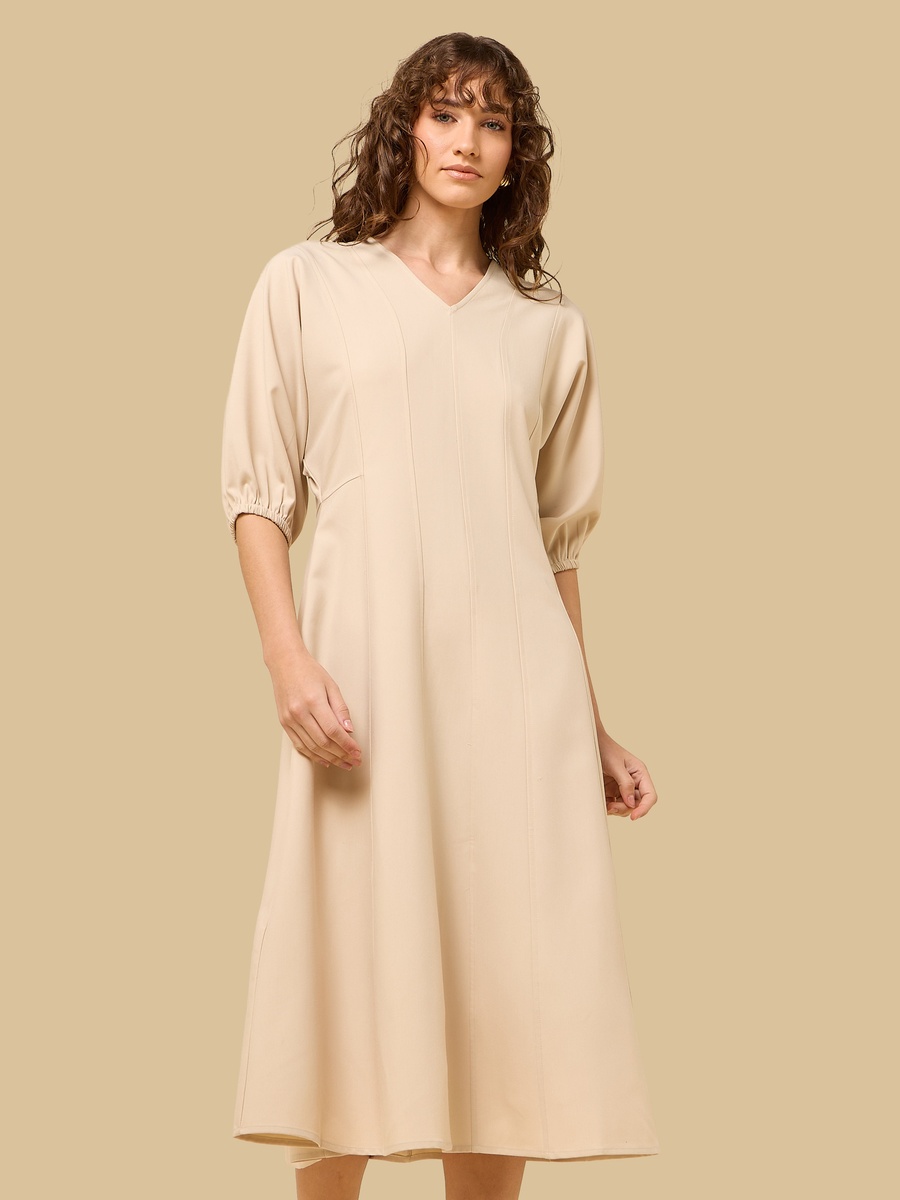 V-neck Midi Dress with Volume Sleeves