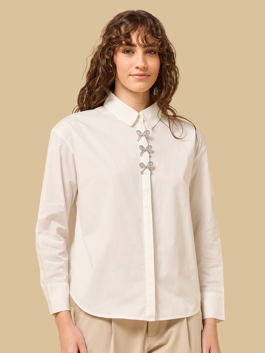 Bow Embellished Oversized Poplin Shirt
