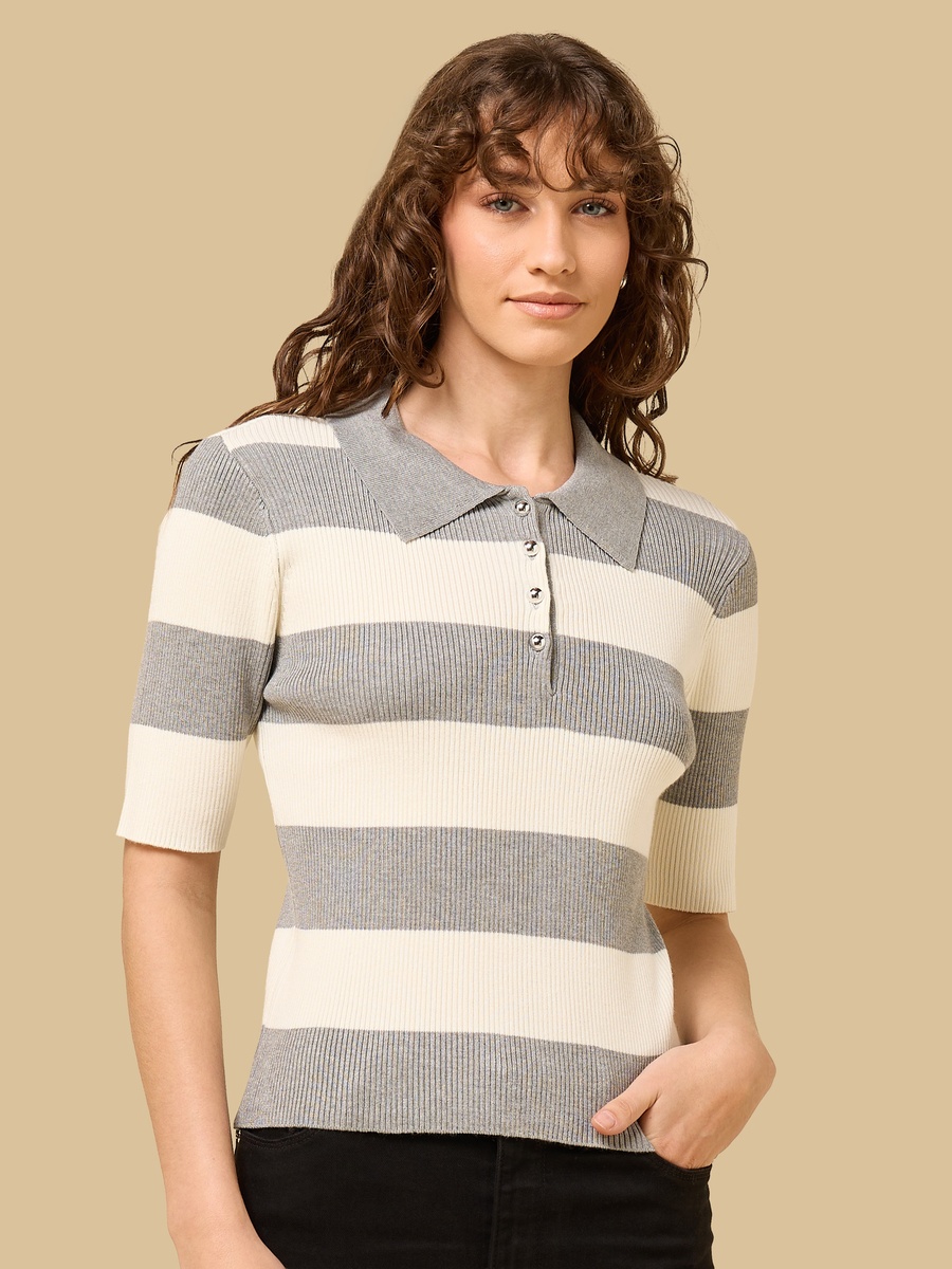 Striped Half Placket Polo Sweater
