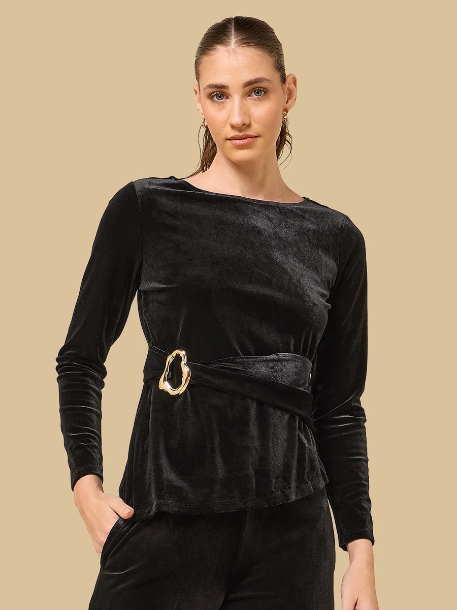 Buckle Accent Asymmetric Velour Top